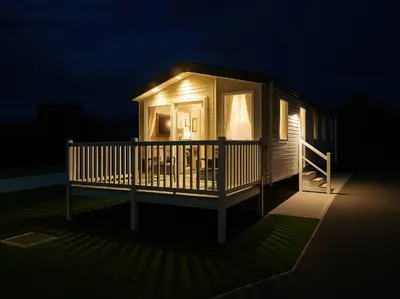 a cabin with a lit up deck at night at Lakeland Leisure Park - 20349 in Grange Over Sands