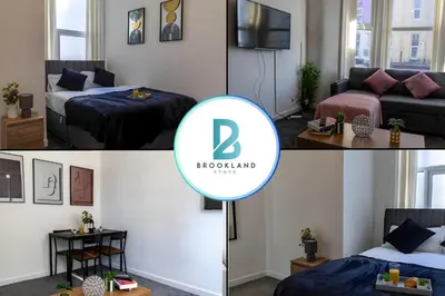 two pictures of a room with a bed and a tv at One Bedroom Flat by Brookland Stays Serviced Accommodation Short Lets Blackpool with Free WiFi in Blackpool