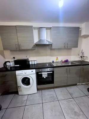 a kitchen with a washing machine and a sink at Cozy modern 2 bedroom apartment with comfortable lounge in Preston
