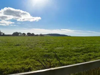 a field of green grass with a fence at Shepherds Hut - Uk50043 in Chipping