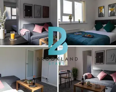 two pictures of a bedroom and a living room at One Bedroom Apartment by Brookland Stays Serviced Accommodation Short Lets Blackpool with Free WiFi in Blackpool