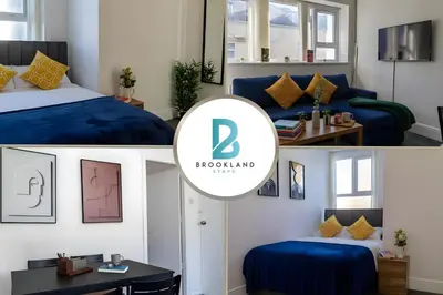 a collage of photos of a room with a bed at One Bedroom Flat by Brookland Stays Serviced Accommodation Short Lets Blackpool with Free WiFi in Blackpool