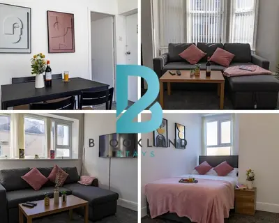 three pictures of a living room with a couch and a table at Brookland Stays Blackpool 1BR Apartment Sleeps 4 WiFi in Blackpool