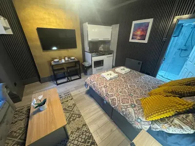a hotel room with a bed and a television at Reads Avenue - Luxury Ground Floor Studio - Next Door to H&A Social Club in Blackpool