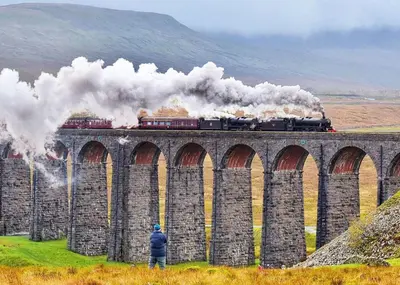 a train on a bridge with smoke coming at Beacon Fell View in Longridge