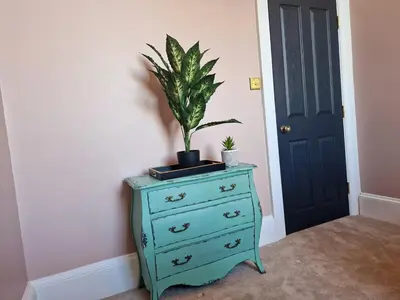 a blue dresser with a plant on it next to a door at Hamilton - The Hyde Luxury Let in Preston