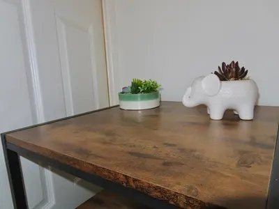 a table with two plants and an elephant figurine on it at 1 Double Bedroom Great Location - Holmfield Road in Blackpool