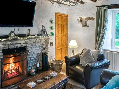 a living room with a couch and a fireplace at Oronsay Cottage in Ulverston