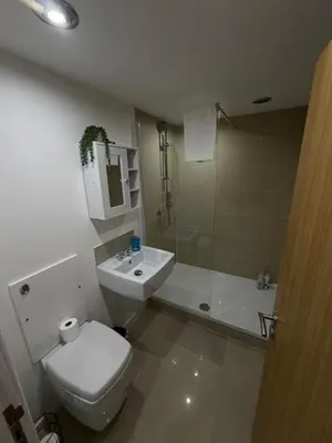 a bathroom with a toilet and a sink and a shower at City Centre Duplex Apartment Liverpool in Liverpool
