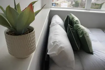 a white bed with pillows and a potted plant at Melbourne House Gem Stylish 2-Bed in City Centre in Accrington