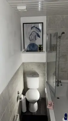a bathroom with a toilet and a bath tub at City Apartment in Litherland