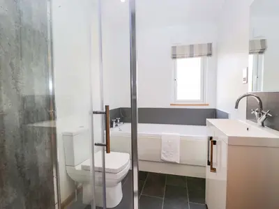 a bathroom with a toilet and a sink and a shower at Bluebell Lodge in Carnforth