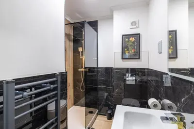 a bathroom with a shower and a sink at Chic 1BHK in West London in Lytham St Annes