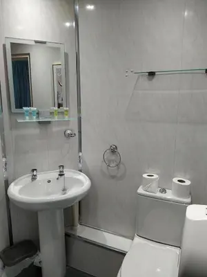a bathroom with a sink and a toilet and a mirror at The Dreamcatcher Hotel in Blackpool