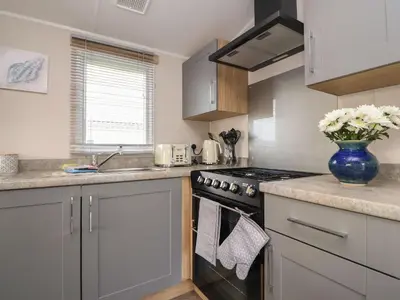 a kitchen with a stove and a vase of flowers at Poppy Lodge in Morecambe