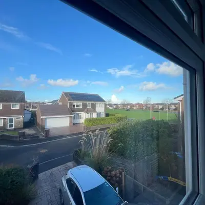 a view from the window of a house at Stylish family home with cinema-style lounge near Blackpool in Blackpool