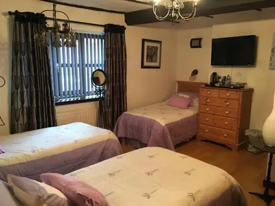 a bedroom with two beds and a tv and a dresser at Smithy lodge guest house in Leyland