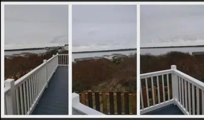 a collage of three pictures of a bridge with the ocean at The Bluebell in Haverigg