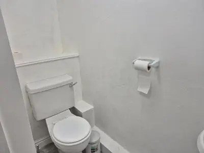 a white bathroom with a toilet and a roll of toilet paper at Peaceful Home in Hermitage Street Rishton in Rishton