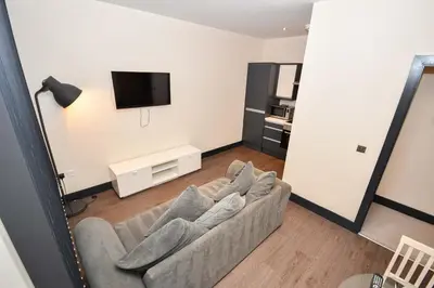 a living room with a couch and a tv at Modern & Cosy 2BED Apartment in Central Liverpool in Liverpool