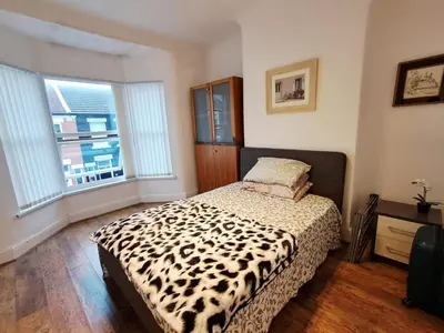 a bedroom with a leopard print bed and two windows at 16 Skipton Road in Liverpool
