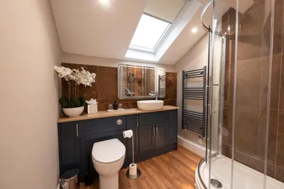 a bathroom with a toilet and a shower and a sink at The Terrace - A St David Aparthotel in Barrow