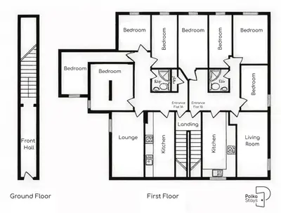 a black and white floor plan of a house at Comfy Ormskirk Family Stay by PolkaStays in Ormskirk