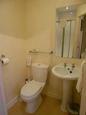 a bathroom with a toilet and a sink at The Lenbrook in Blackpool