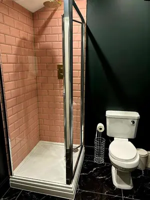 a bathroom with a toilet and a glass shower at Hamilton Luxury - The James Suite in Scorton