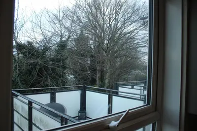 a window with a view of a snow covered tree at Reevell Avenue in Liverpool