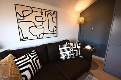 a living room with a black couch with zebra pillows at Starr Place in Liverpool