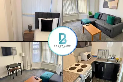 a collage of photos of a living room and a bedroom at 1 Bedroom apartment by Brookland Stays Serviced Accommodation & Short Lets in Blackpool in Blackpool