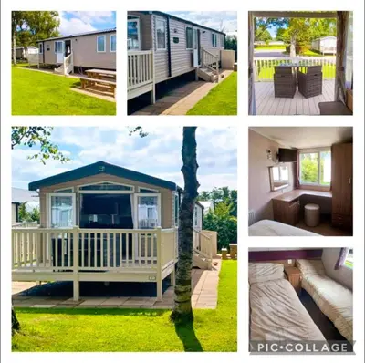 a collage of pictures of a mobile home at Lakeland Holiday Home in Flookburgh