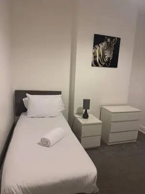 a bedroom with a bed and a picture of a zebra at The Fabulous Gem in Wallasey in Wallasey