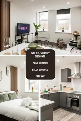 a collage of photos of a kitchen and a bedroom at Dreams stay in Preston