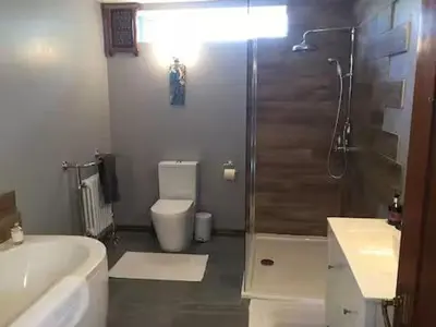 a bathroom with a shower and a toilet and a sink at Artie's Lodge in Arnside