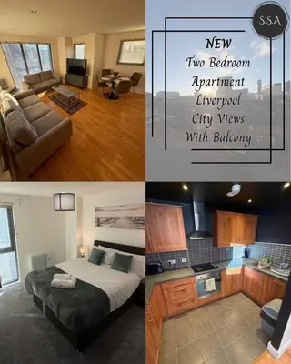 a collage of three pictures of a bedroom and a living room at 2-Bed City View with Balcony Liverpool by StaySavvy Accommodation in Liverpool