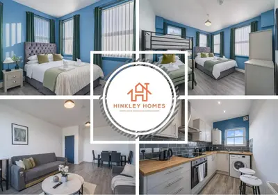 a collage of four pictures of a hotel room at Family-Friendly 2BR Flat - Sleeps 7 in Liverpool