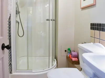 a bathroom with a shower and a toilet and a sink at Yan Cottage - Uk43540 in Spark Bridge