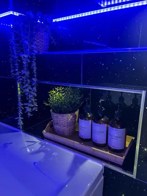 a shelf with bottles and a potted plant on it at Homely house Free parking WIFI Close to centre&anfield in Liverpool