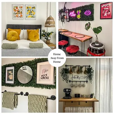 a collage of pictures of a bedroom with a bed and a table at Music touch house Free Parking WIFI Close to Anfield stadium in Liverpool