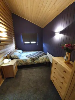 a bedroom with a bed and a wooden wall at Log cabin in private woodland with lake in Borwick