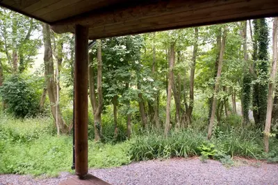 a wooden porch with a view of a forest at Log cabin in private woodland with lake in Borwick