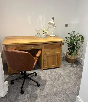 an office with a desk with a chair and a lamp at Couples - Retreat Dog Friendly in Appley Bridge