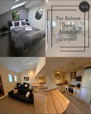 a collage of four pictures of a bedroom and a living room at City Centre Duplex Apartment Liverpool in Liverpool