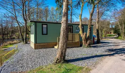 a green cabin in the woods with a tree at Bowland Lakes Leisure Village in Forton