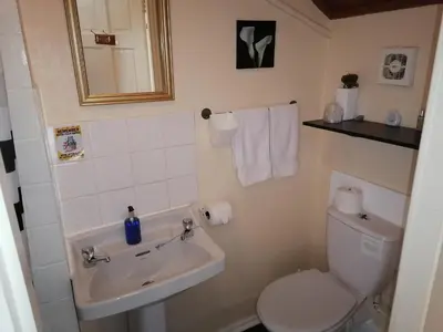 a bathroom with a toilet and a sink and a mirror at The Manhattan in Blackpool