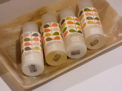 a tray with a group of plastic bottles of detergents at The Fenwick in Lancaster