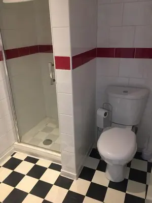 a bathroom with a toilet and a shower at Sunny Days Hotel in Blackpool