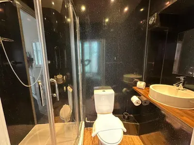 a bathroom with a shower and a toilet and a sink at The Villa Hotel in Blackpool